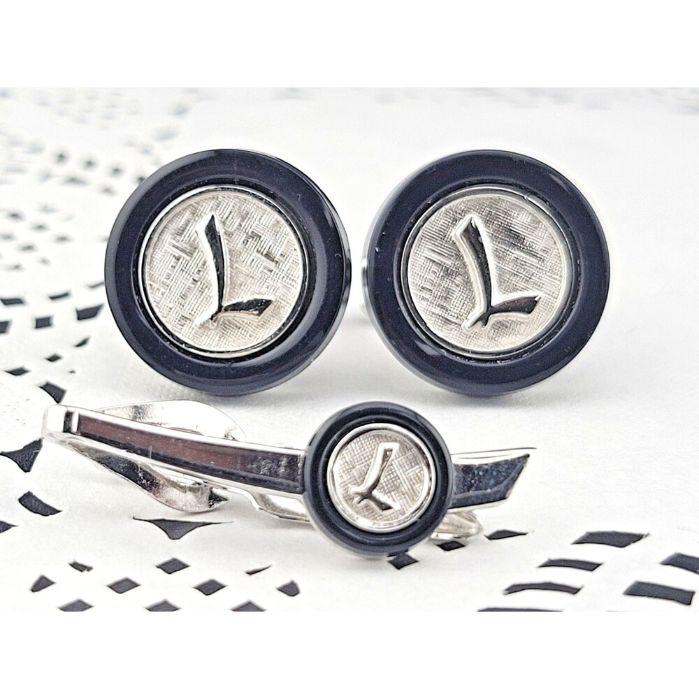Vintage Signed Swank Monogram L Black Lucite Silver Plated Cufflinks & Tie Clip